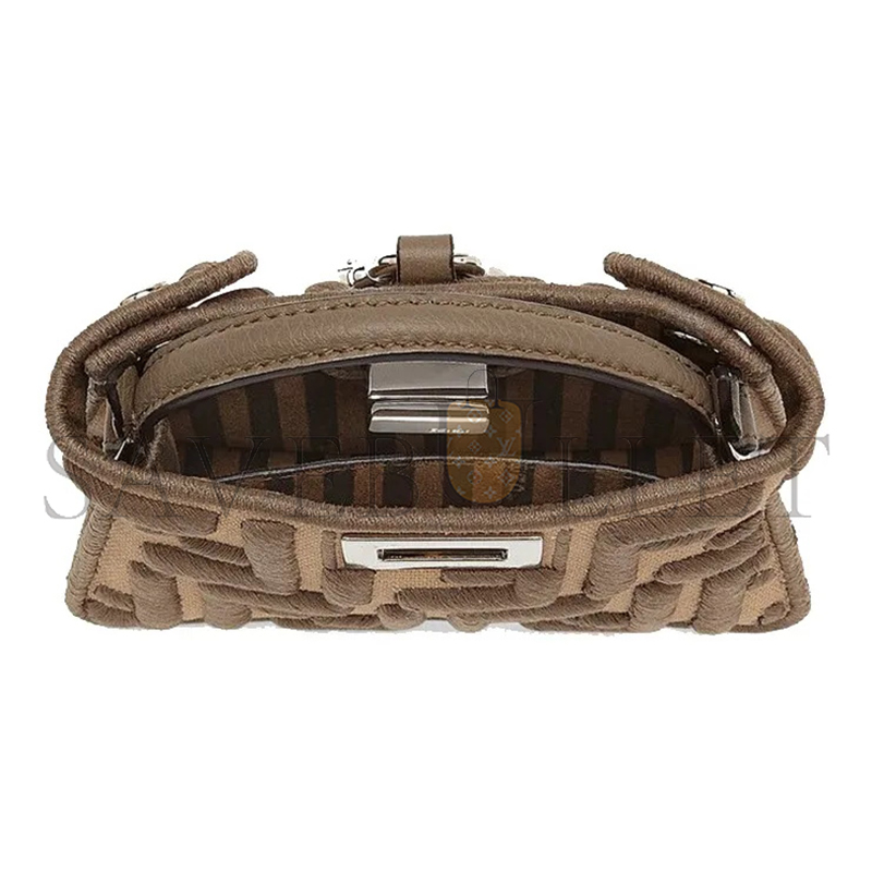 FENDI CANVAS VITELLO VOLANATO FF EMBROIDERED PICO PEEKABOO CHARM SAND TARTUFO 7AR993AHWGF1F2U (13*10*5cm)